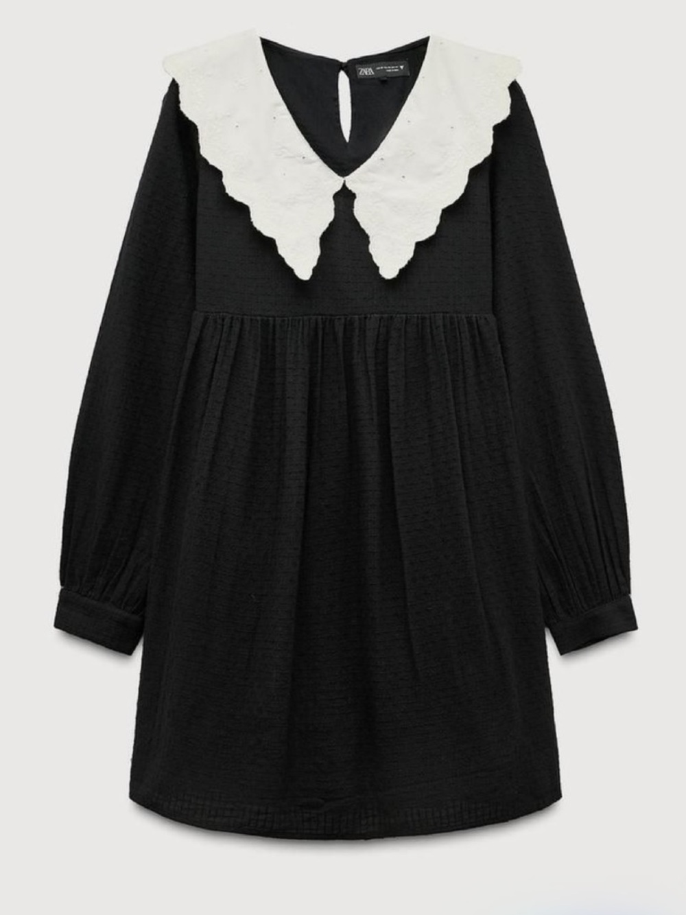 NWOT Zara Black Long Sleeve Dress with White Scalloped Collar xs